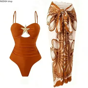 Shell Print One Piece Swimsuit Set - Trendy Spaghetti Strap Monokini with Matching Sarong Skirt, Sexy Cutout Tummy Control Beachwear, Flattering Summer Vacation Outfit for Resort and Pool Party