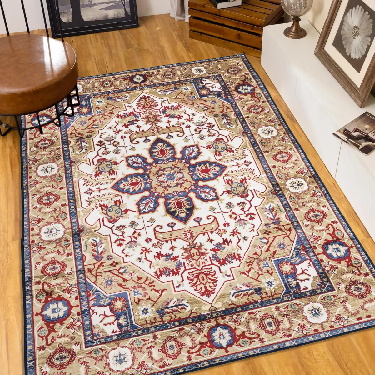 6x9 Vintage Bohemian Persian Area Rug, Non-Slip Washable with Flower Motif Classic Pattern, Home Interior Rug for Living/Kitchen Bedroom, Blue/Gold