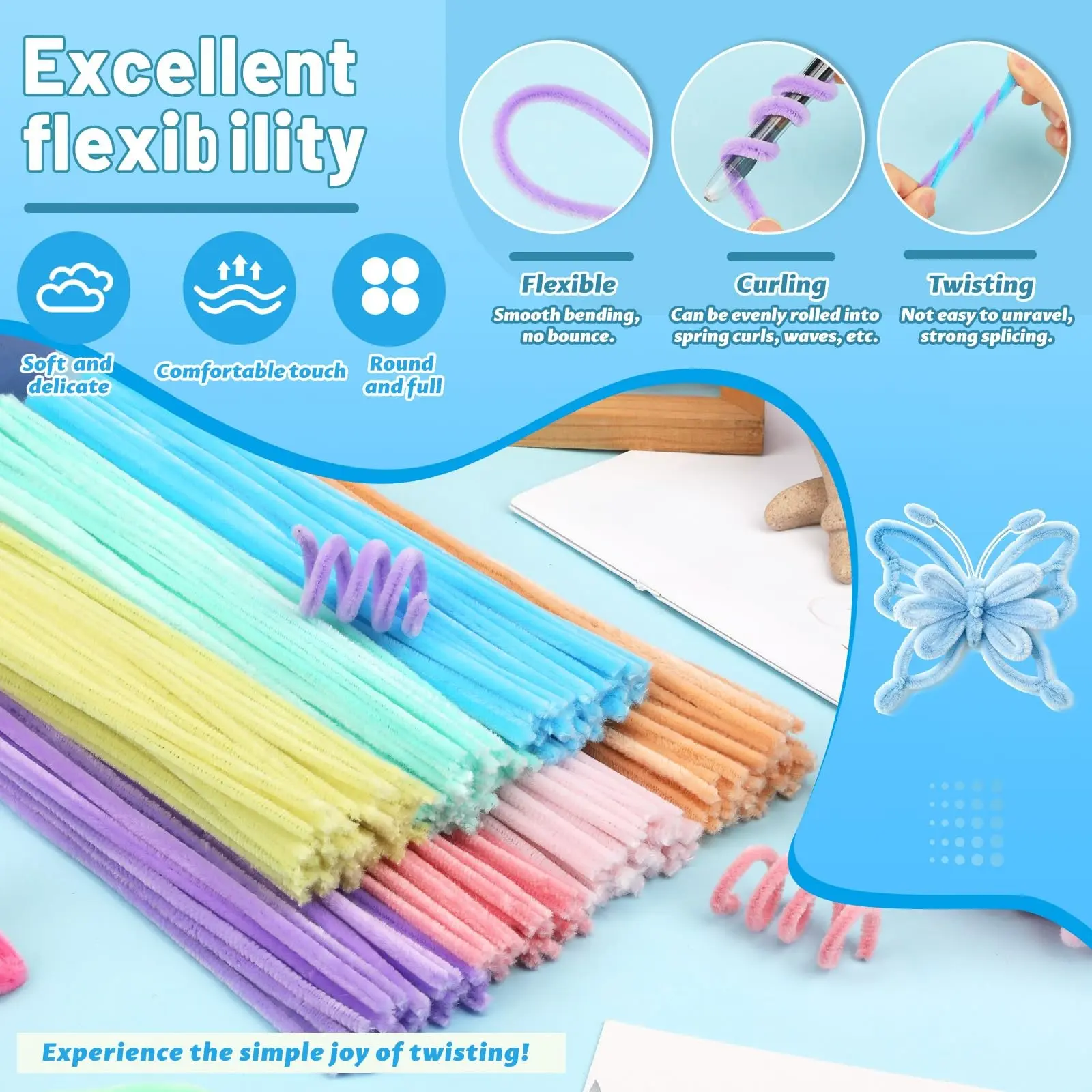Pastel Pipe Cleaners, Fuzzy Pipe Cleaners Bulk for Crafts, DIY Creative Chenille Stems, Home Arts and Crafts Decorations Supplies