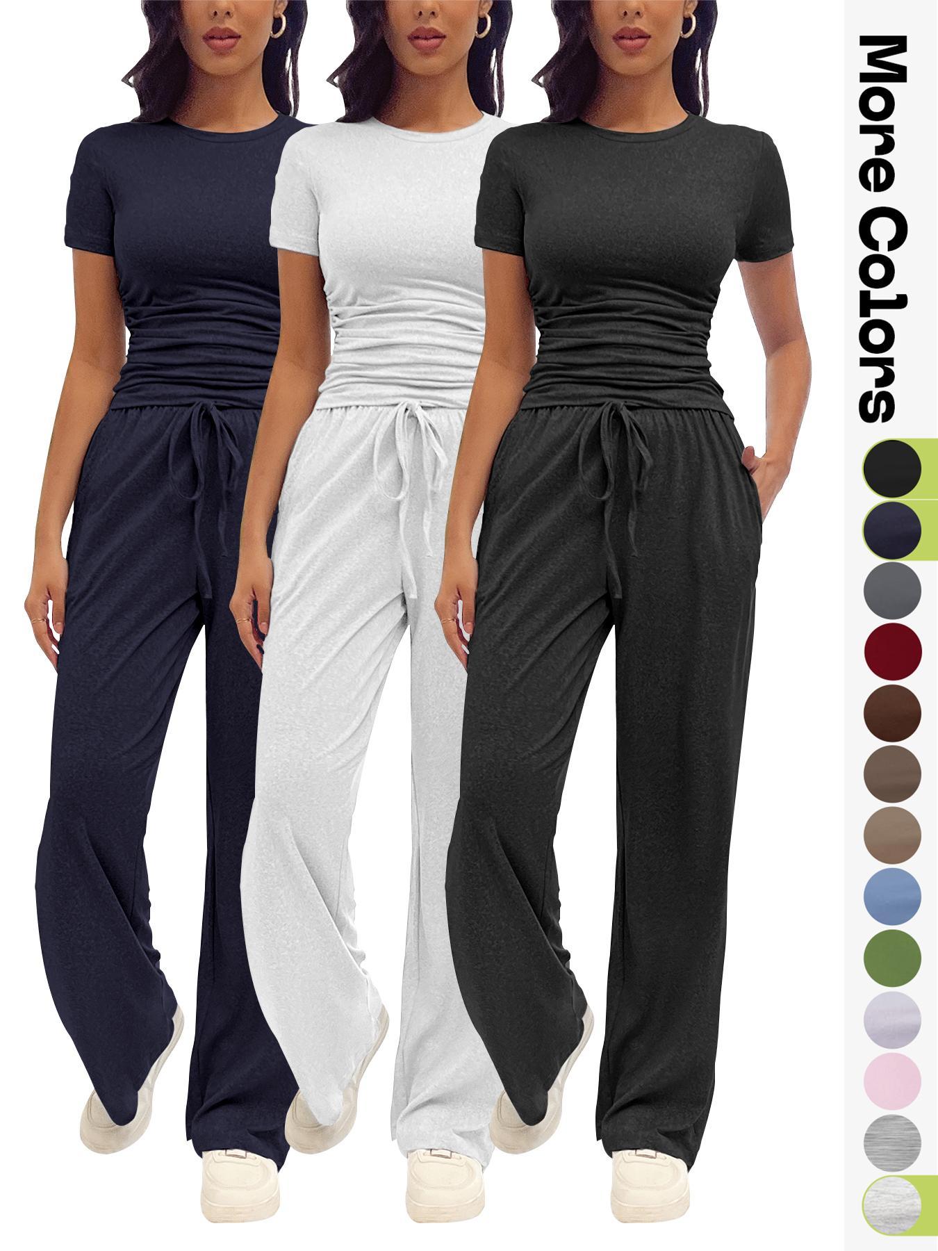 Women's Solid Round Neck Tee & Pants Loungewear Two/Six-Piece Set, Casual Pyjama Set for Women, Comfy Loungewear Set for Daily Home Wear