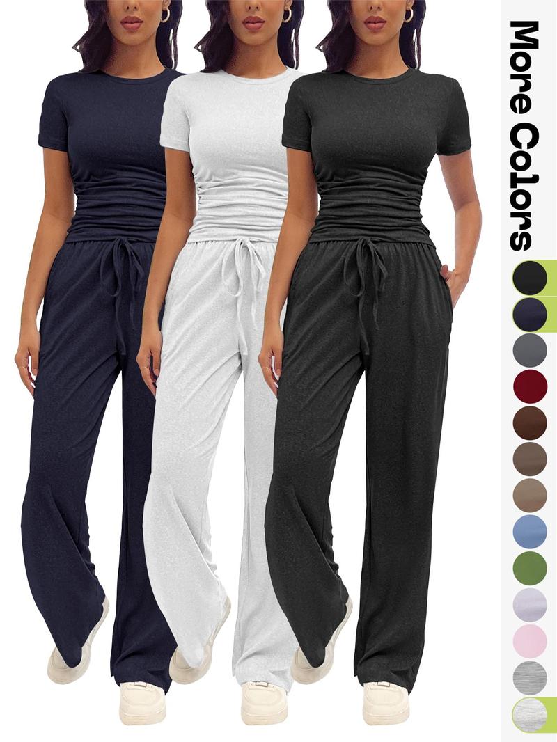Women's Solid Round Neck Tee & Pants Loungewear Two/Six-Piece Set, Casual Pyjama Set for Women, Comfy Loungewear Set for Daily Home Wear