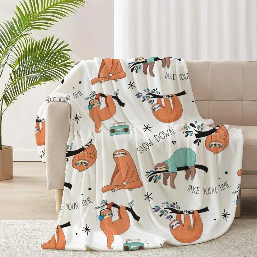 Cute Cartoon Sloth Print Blanket Ultra Soft Flannel Cozy Warm All Season Bedroom Living Room Couch Sofa Office Travel Camping Throw Decor Decorative Throw Perfect Birthday Gift Christmas Gift for Animal Lovers Adults Viral Trending Kawaii Slow Aesthetic