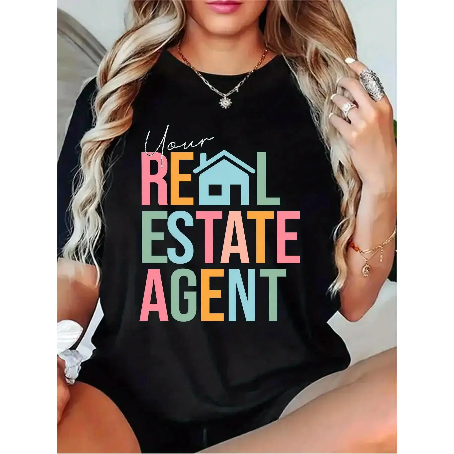 Women's Real Estate Agent T-Shirt - Professional Property Apparel, Casual Short Sleeve Round Neck Tee with Agent Text (Black/Grey/White/Dark Red) - All-Season Real Estate Marketing Outfit