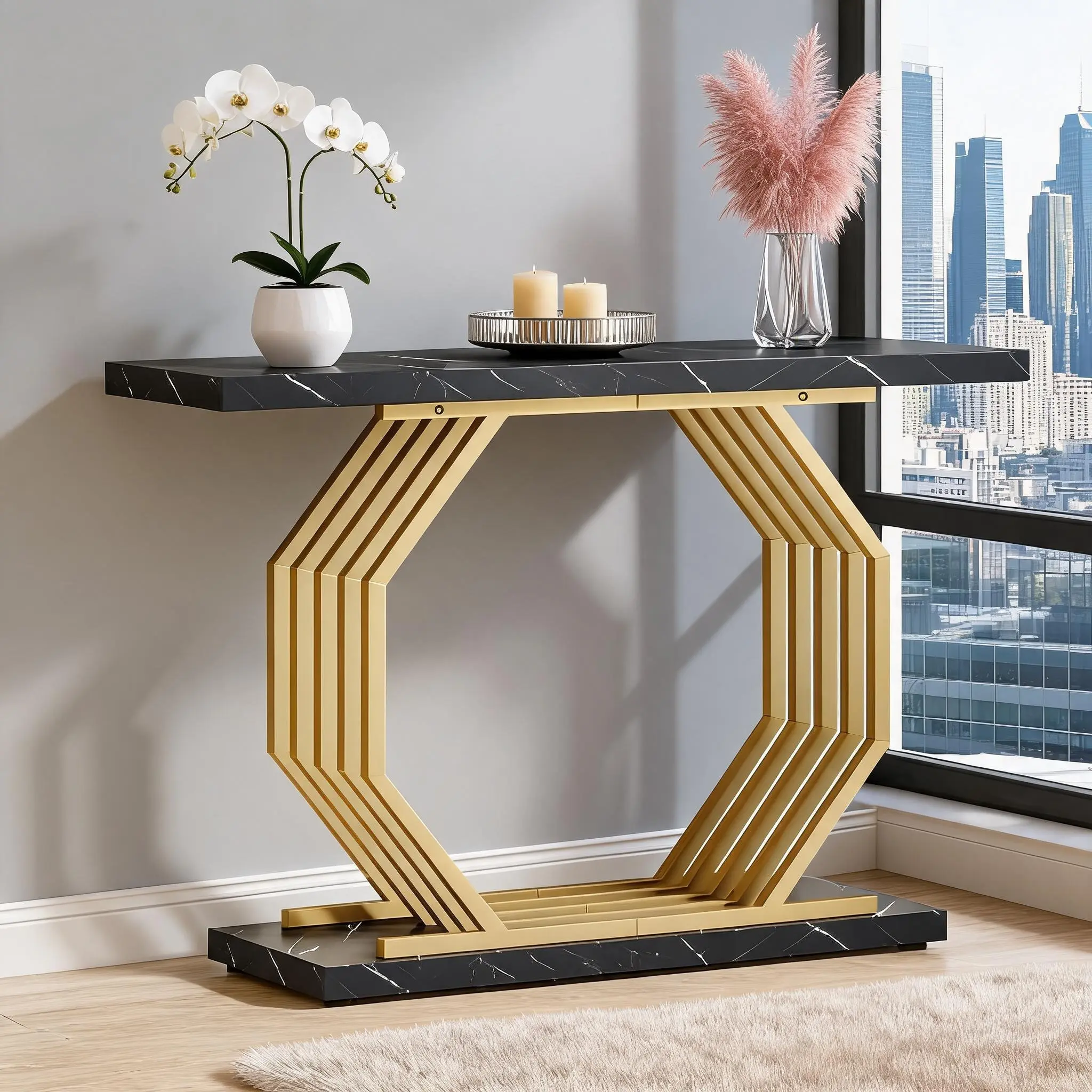 Modern Faux Marble White Veneer Console Table with Gold Octagonal Base - MDF Entryway Table, 220Lbs Load Capacity, Ideal for Living Room Decor, Holiday Gift Option