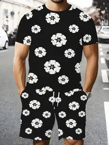 Printed Design Not Textured Men's 3D Digital Print  Fashion 2pcs Short Sleeve Set, Casual Wear, Summer Outfit, Streetwear Enthusiasts, Urban Style