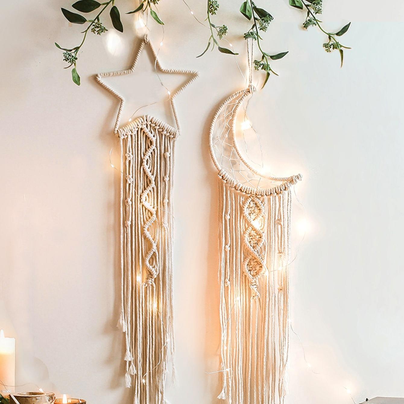 Tassel Dream Catcher Hanging Ornaments, 1 Set Hand Woven Lace Stars Moon Dreamcatcher Wall Hanging Decor without LED Lights, Hangable Wall Art for Home, Bedroom, Hanging Room Decor, Boho Decoration, Interior Wall Decor