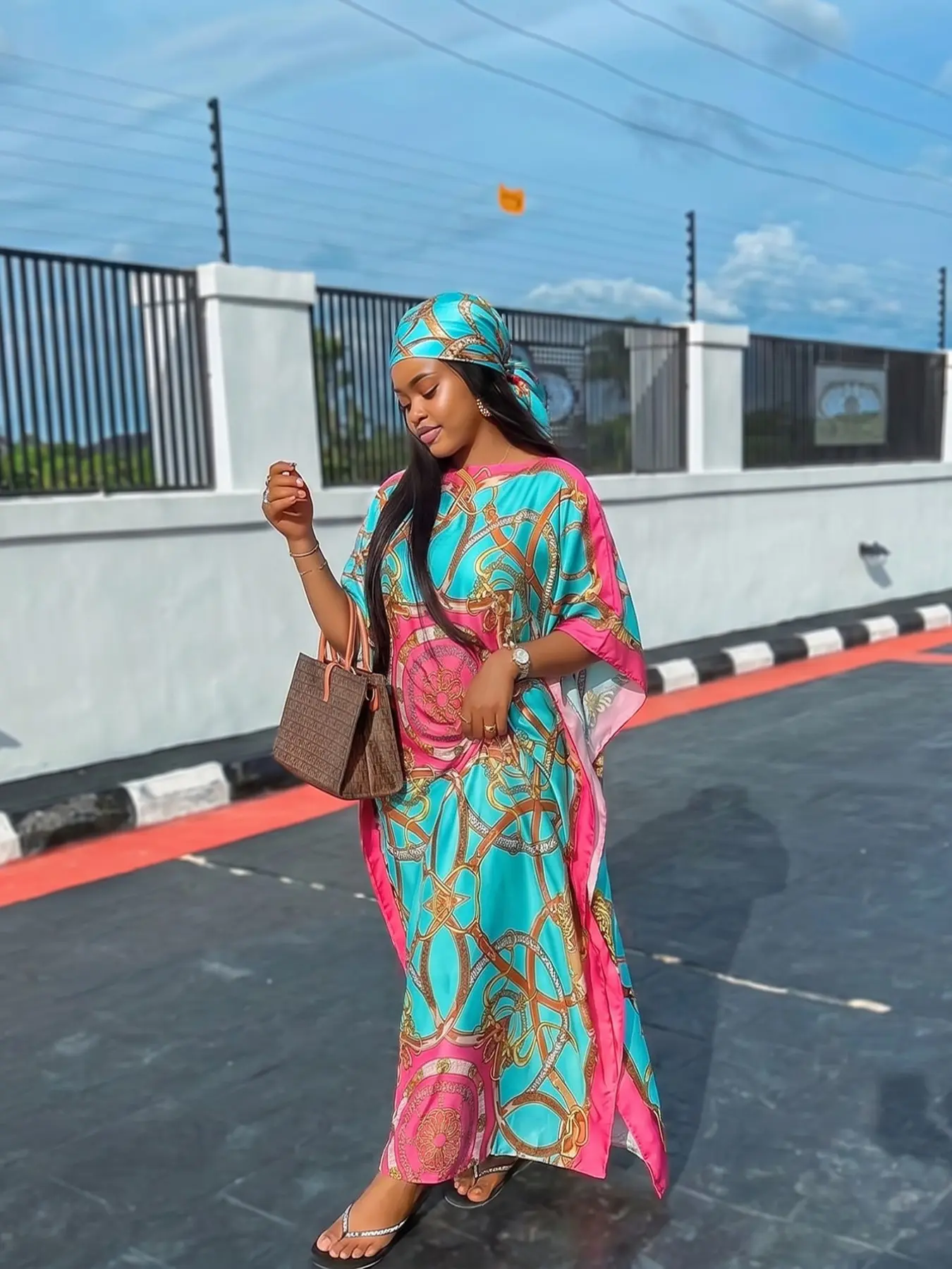 Boho Style Women's Elegant Chain Print Robe Set, Long Dress & Matching Headscarf/Hairband, Lightweight Sun-Protective Daily Wrap for Beach Vacation
