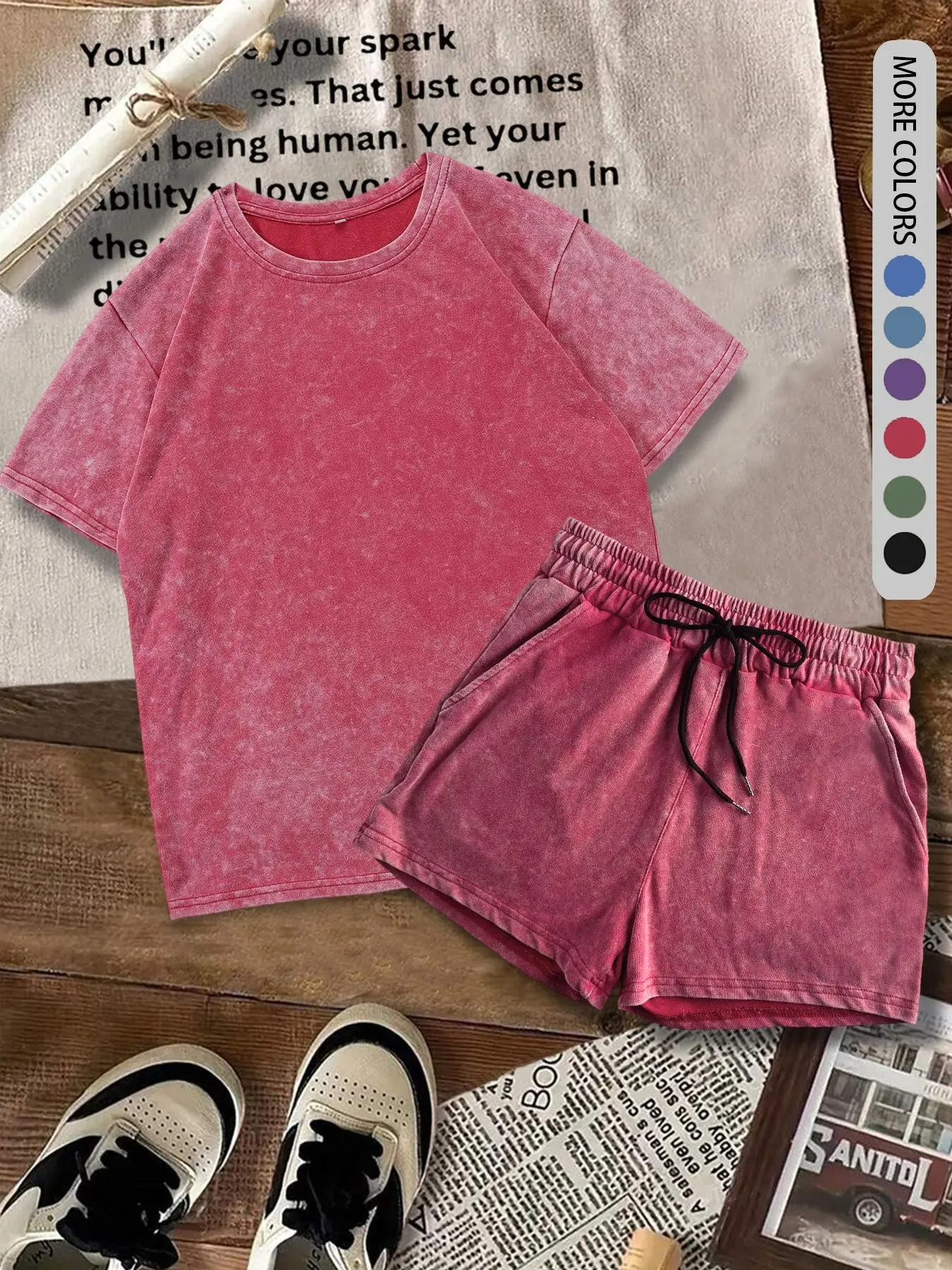 Two-Piece Set Women's Solid Color Tee & Denim-Effect Print Shorts, Casual Round Neck Short Sleeve T-Shirt & Shorts, Ladies Summer Clothes for Daily Wear, Suits