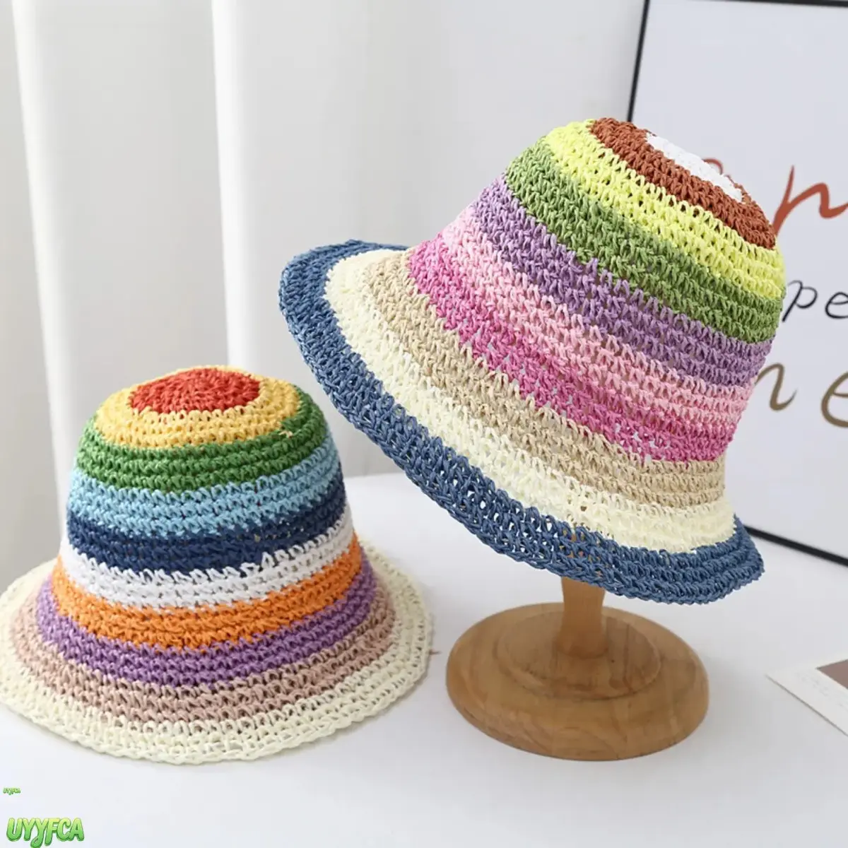Women Hollow Crochet Rainbow Striped Straw Bucket Hat, Breathable Wide Brim Summer Beach Sun Hat, Lightweight Foldable Woven Fisherman Cap, Colorful Y2K Outdoor Travel Vacation Headwear For Pool Picnic Daily Casual Gift