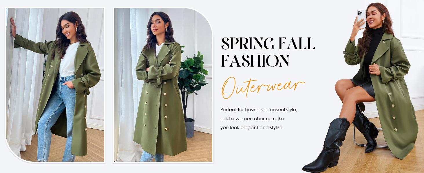 Womens Long Trench Coat Oversized Double Breasted Windproof Classic Lapel Casual Fall Overcoat Tops Womenswear