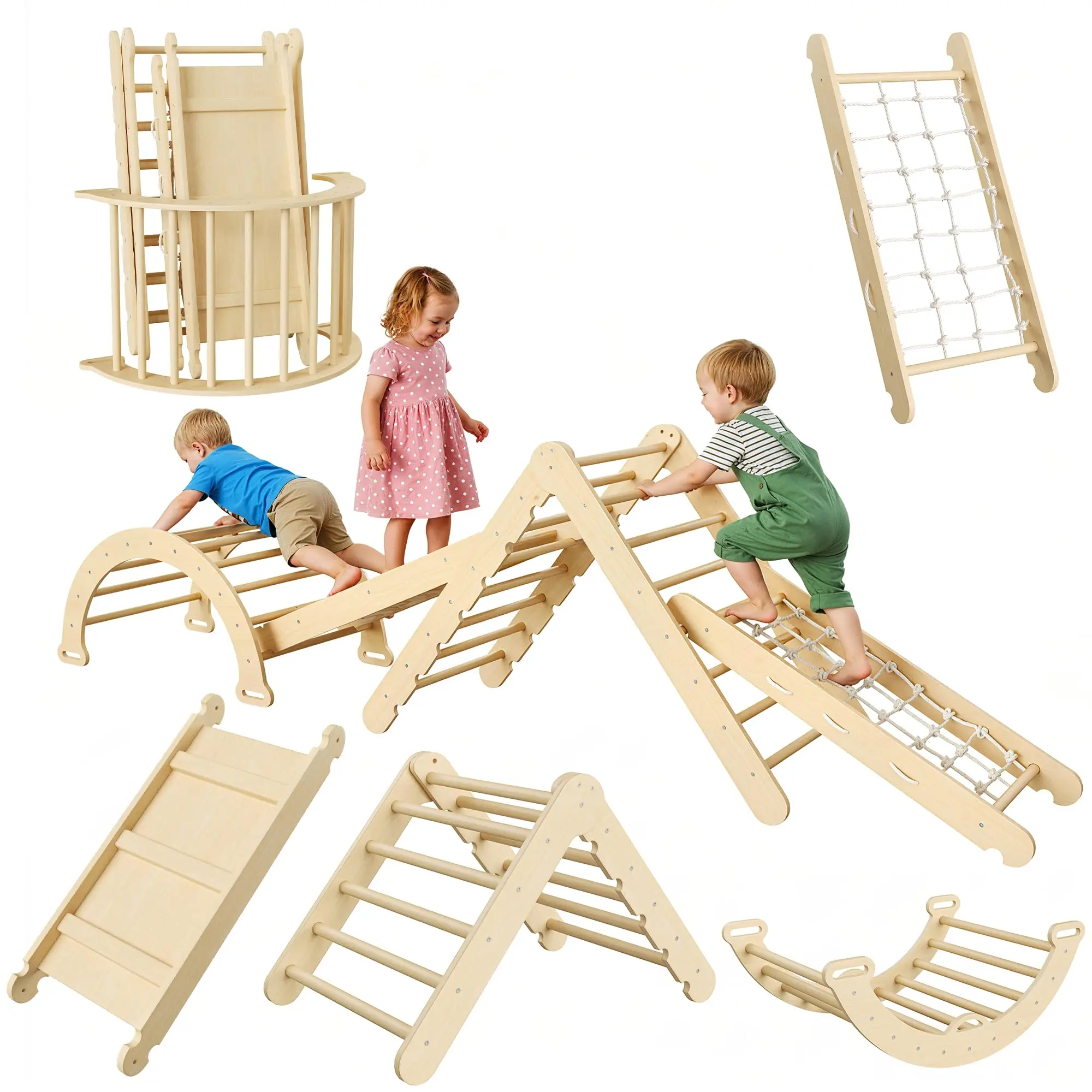 Collapsible Wooden Climbing Triangle for Toddlers – Child-Centered Learning Jungle Gym with Arch, Ramp & Ladder – Indoor Kids Activity Play Structure – Baby Climber Gym Equipment