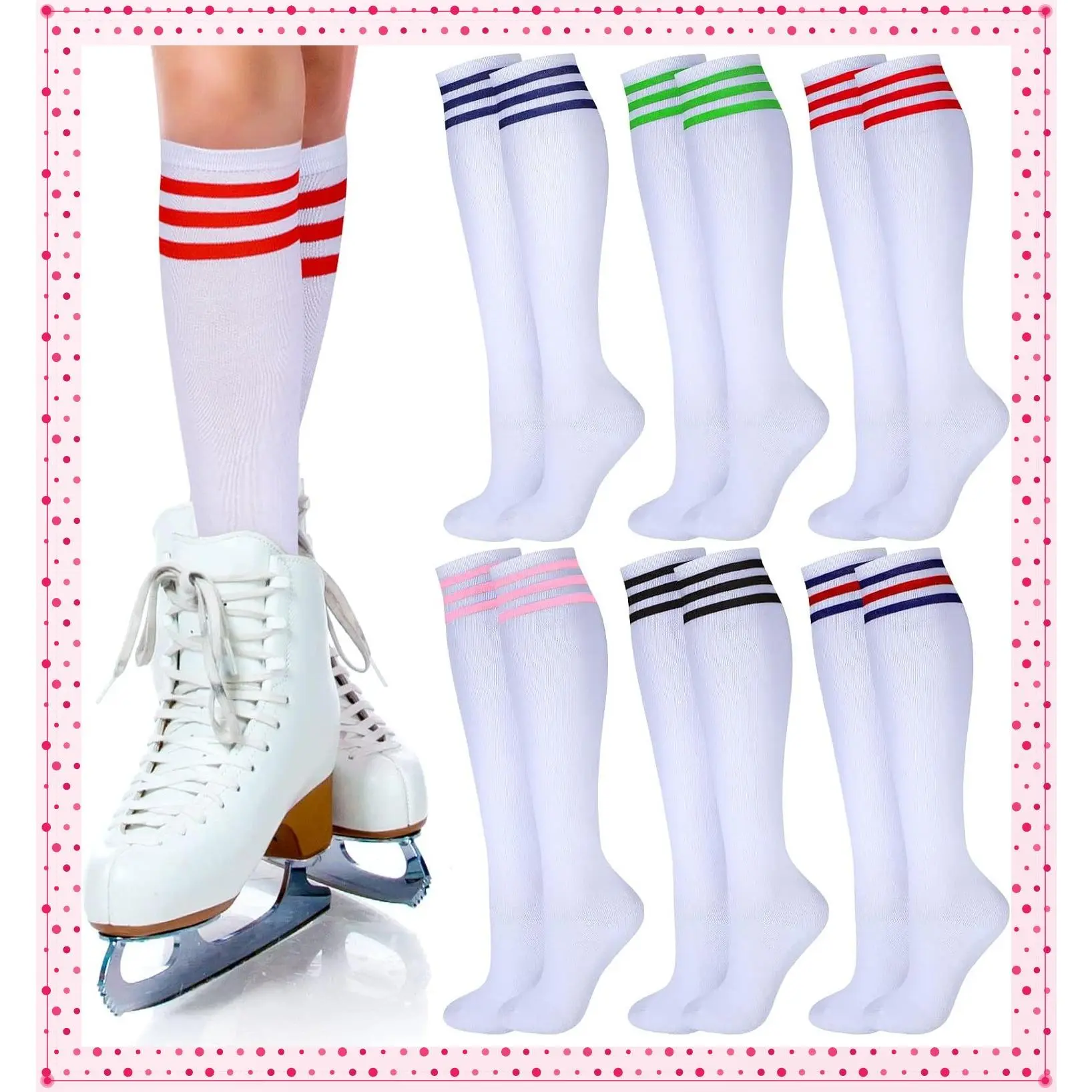 6 Pairs Knee High Socks Uniform Team Outfit for Girl Women, White | Athletic Long Tube Socks with Colorful Stripes, Game Day, Cheerleading, Roller Skating, Baseball, Soccer, Back to School GiftGift