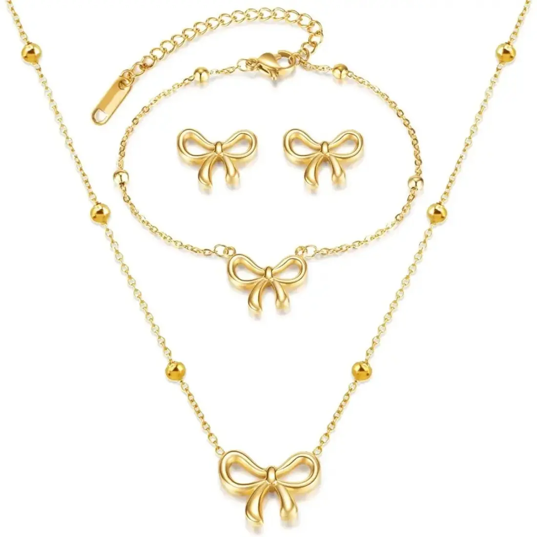 Elegant Gold Bow Jewelry Set - Stainless Steel Hook Earrings, Plastic Ribbon Pearl Choker Necklace, Bracelet with Exquisite Finish, Ideal Fashion Accessory Gift, Female, Bow Fashion Accessory Sets