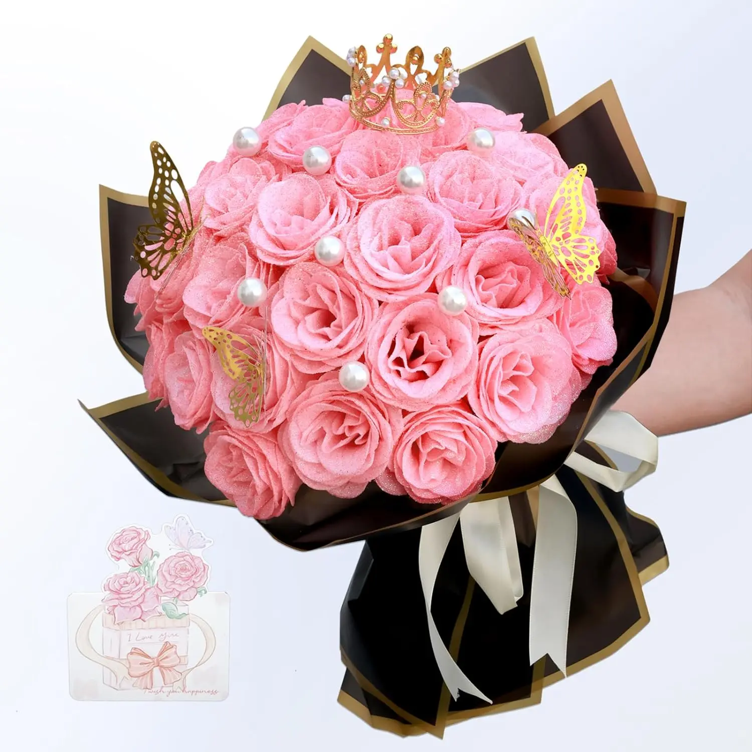Glitter Roses Bouquet, Shiny Artificial Roses Flowers with Stems DIY Fake Glitter Flowers Bouquet for Anniversary Graduation Birthday Wedding, 24 Roses (Pink)