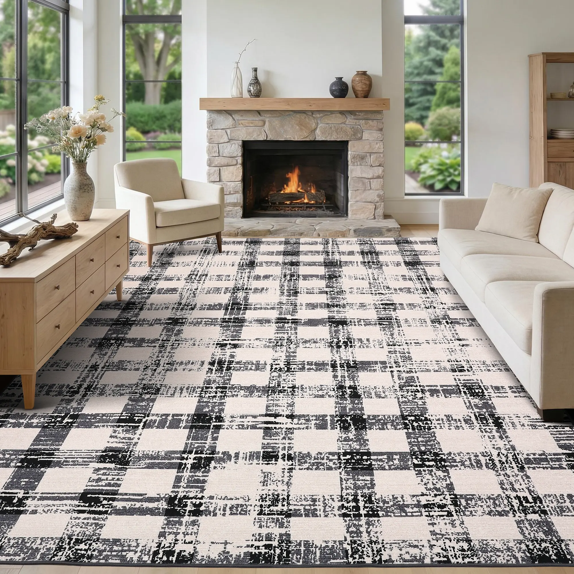 8x10 Washable Area Rug, Modern Grid Pattern Pearl Velvet Carpet, Foldable Soft Rug for Living Room Bedroom Dining Room, Black