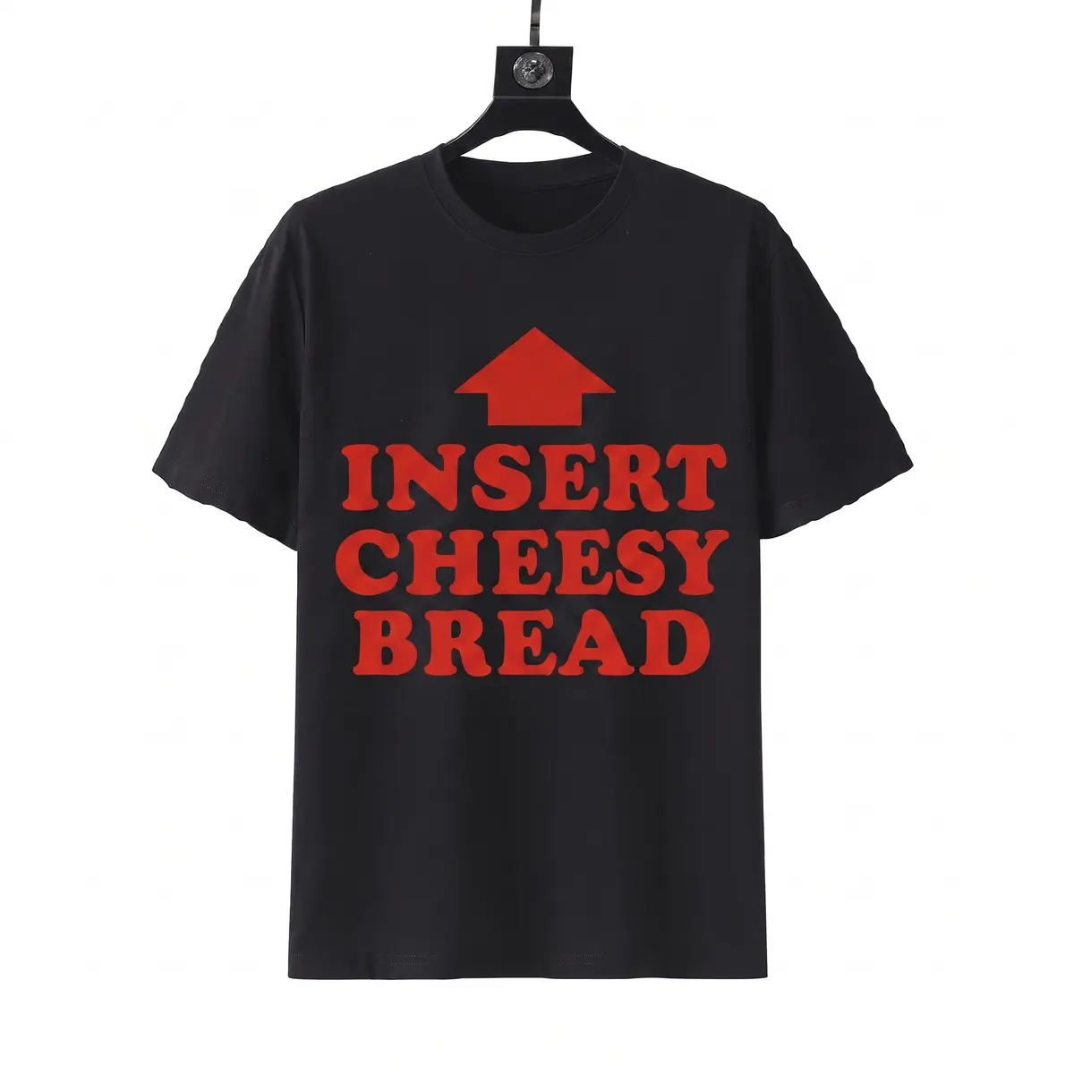 Unisex Polyester Short-Sleeve Casual Wear T-Shirt, Funny "Please Put Cheese Bread Here" Sarcastic Food Meme Art Top with Upward Arrow Foodie Humor Print for Adults