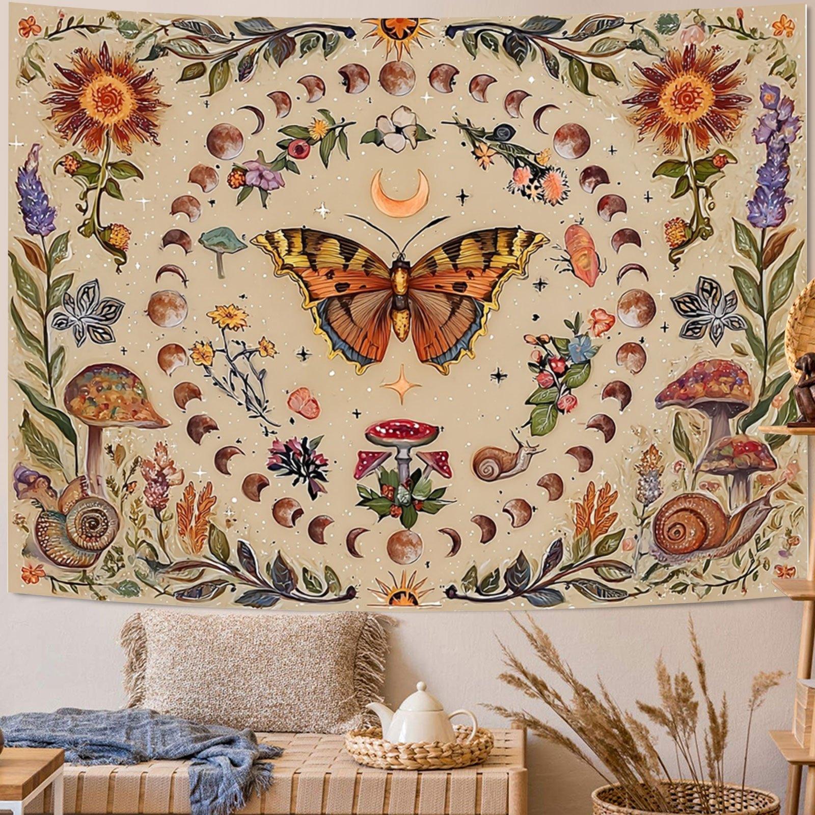 Sun and Moon Tapestry Vintage Boho Wall Hanging, Large Aesthetic Room Decor with Butterflies & Flowers Magic Garden, Oversized Wall Art for Bedroom Living Room Dorm Party