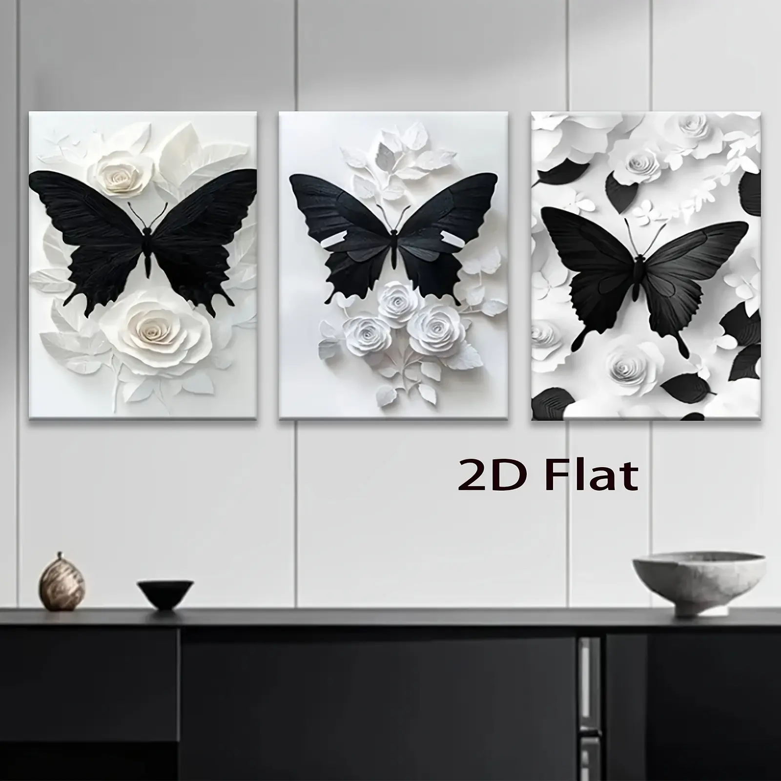 2D Flat 3-Piece Set - Black Butterfly White Rose Art Wall Decor - Suitable for home, bar, garage, cafe, office or room decoration, ideal gift for Halloween, Christmas, bathroom decor and accessories, perfect choice for young people and frieCanvas Wall Art