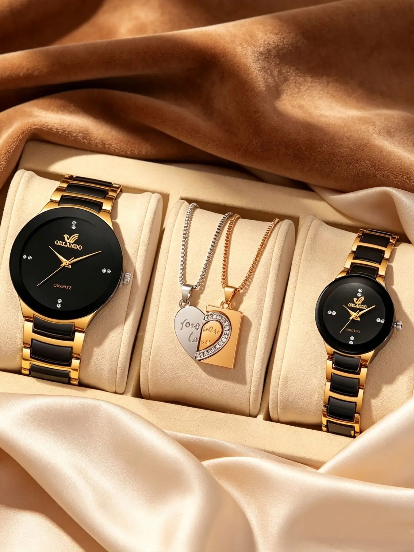 4pcs/Set Fashionable Multipurpose Casual Round Couple Watches Set, Minimalist Steel Band Quartz Analog Watches With Heart Pendant Necklace, Suitable For Wedding, Party, Holiday, Back To School, Christmas And Daily Wear, Best Gift For Couples