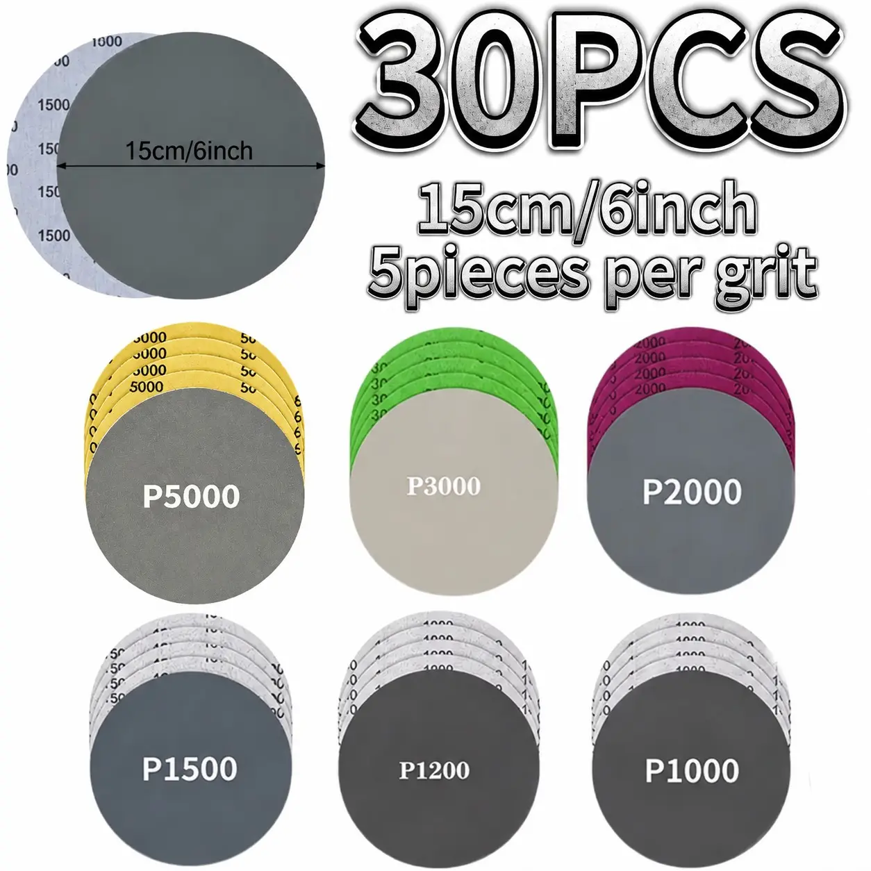 30 Sheets 6 Inch Sandpaper, Hook Loop Self-Adhesive Wet/dry Sandpaper, 1000-5000 Grit, Waterproof, for Metal, Glass, Wood Polishing