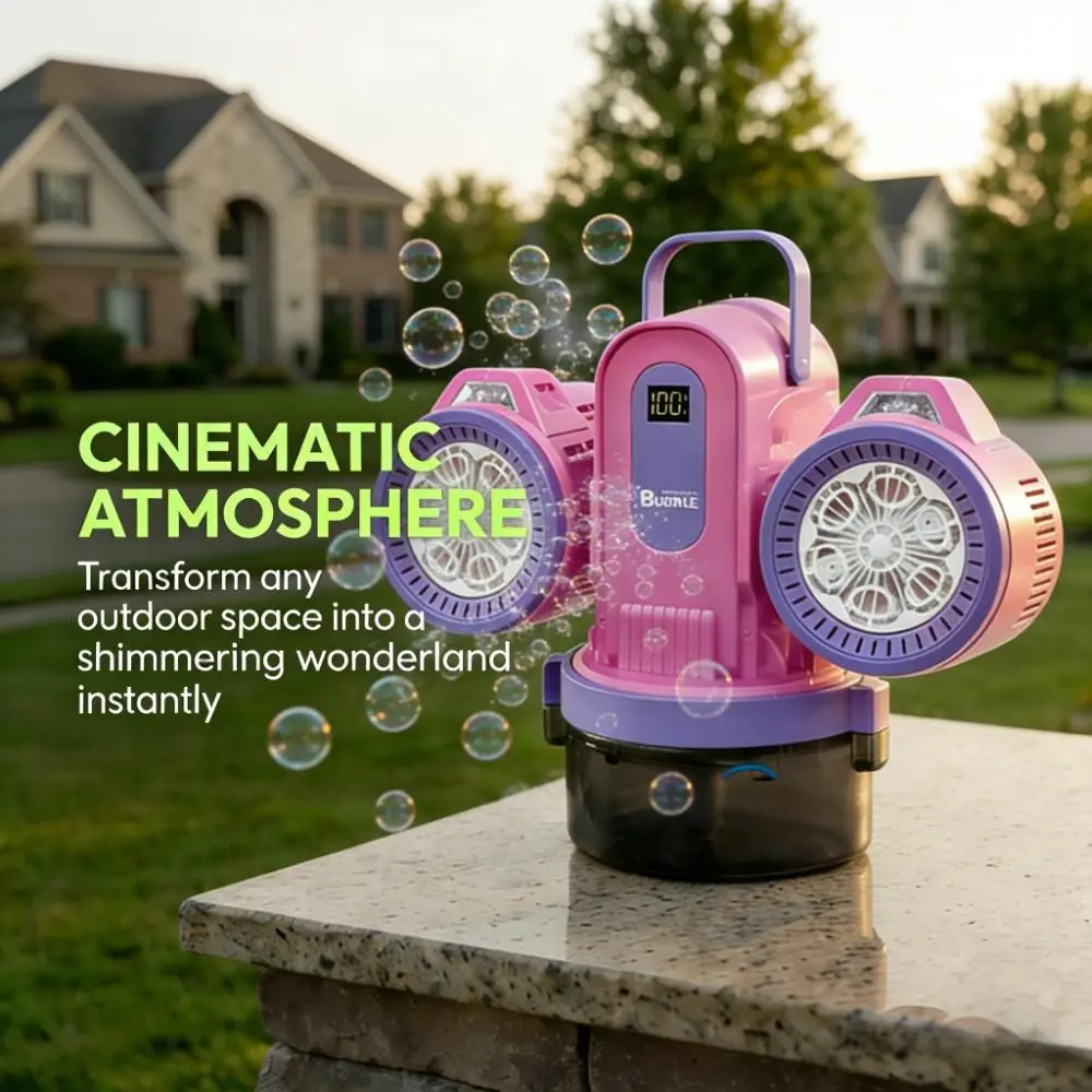 Double-Head Remote Control Automatic Bubble Machine, RGB Atmosphere Light, Rechargeable Long Battery, 360° Auto Rotation, Party Essential Gift, Multifunction