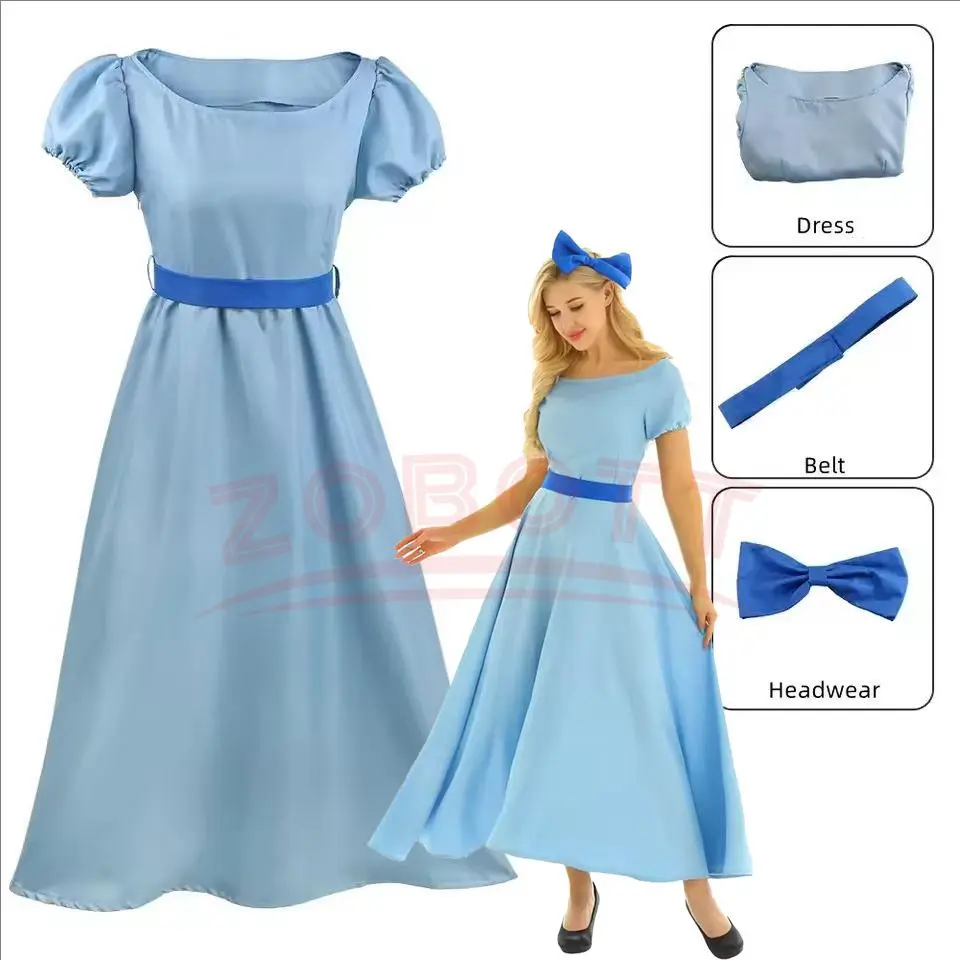 Women's Halloween Princess Wendy Cosplay Gown - Short Puffy Sleeve Maxi Dress with Headwear, Women's Clothes for Carnival Party, Hand Washable Clothes Fashion Accessory