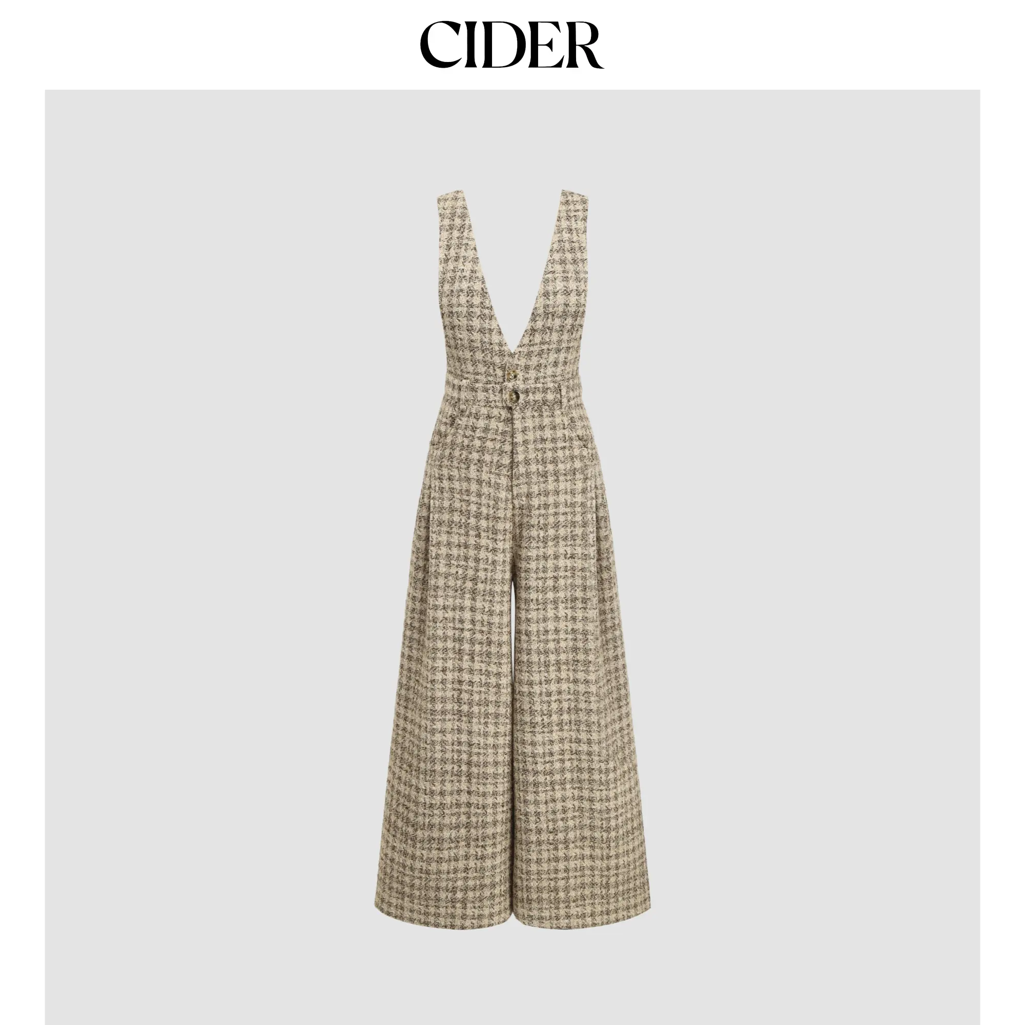 Cider [size 2-10] Tweed V-neck Check Button Pleated Wide Leg Jumpsuit