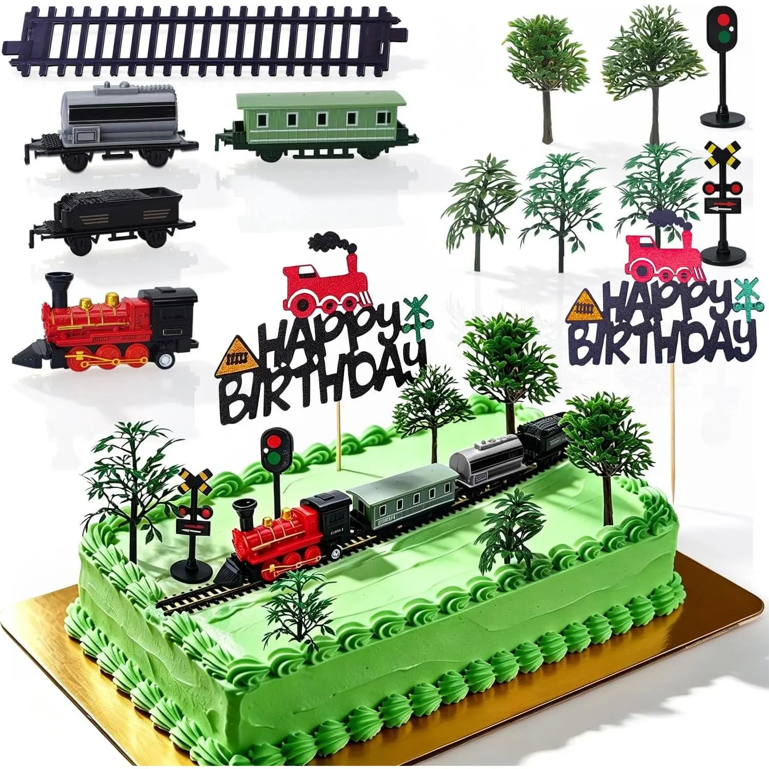 13 Pcs Train Theme Cake Toppers, Happy Birthday Mini Trains Railway Track Traffic Lights Cake Decorations for Boys Birthday Party Supplies