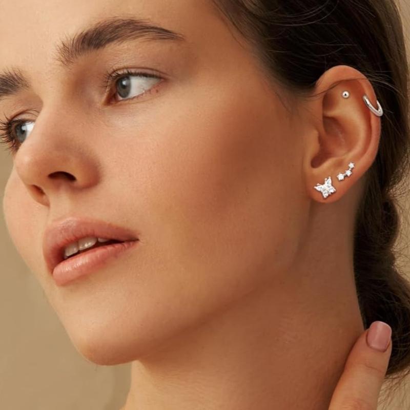 Versatile 20 Pcs Shining Sterling Silver Stud Earrings for Women Multiple Piercing 20G Dainty Heart Butterfly Star CZ Stud Earring Hypoallergenic Hoop Earrings Studs Cartilage Earring Sets Stacks for Women Men Christmas Gift