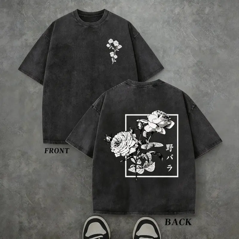 Japanese Graphic Tees for Men Harajuku Rose Flower Floral Shirts Cool Vintage Oversized Streetwear Acid Wash Tops  Men's and women's T-shirts: Unisex cotton T-shirts: Unique gift T-shirts