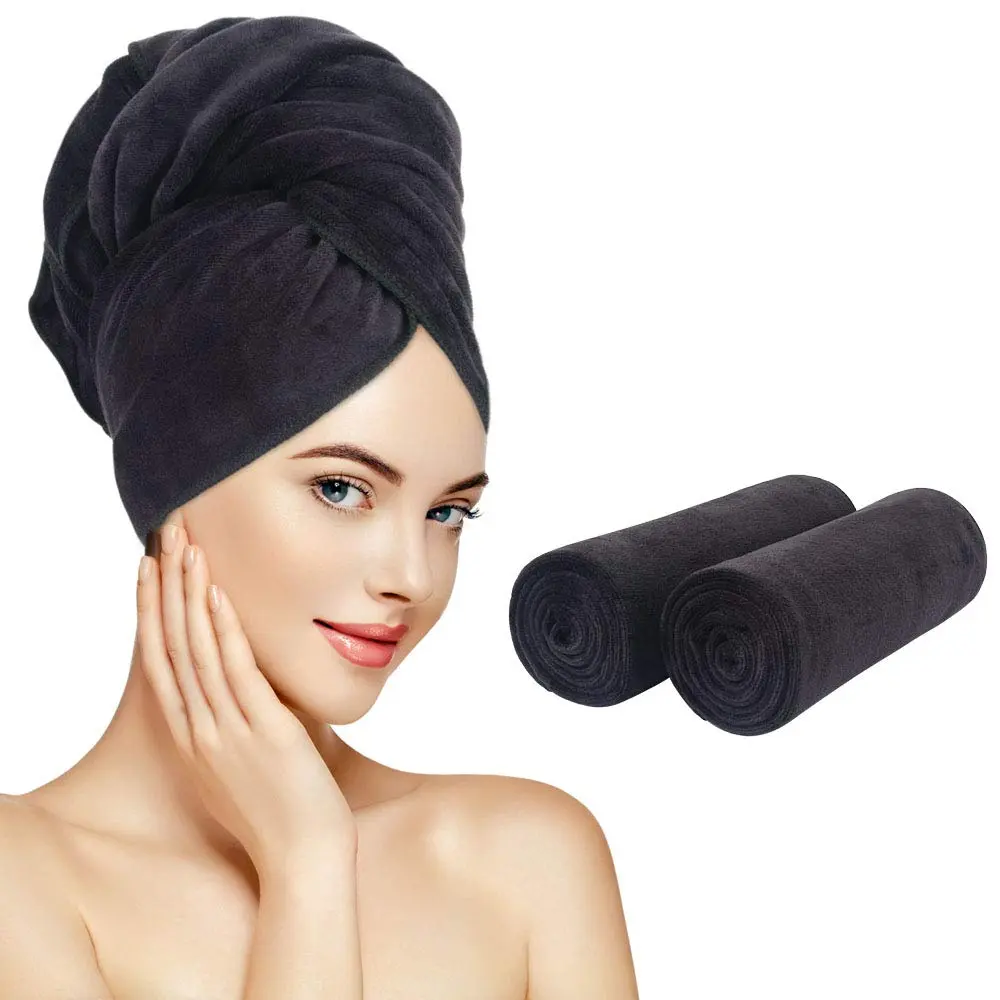 Microfiber Hair Towels Anti Frizz Hair Drying Towel Super Absorbent Fast Drying Turbans for Wet Curly Hair Soft Hair Towel Wrap with Elastic Band for All Hair Types 40 X 20 inches 2Pack Black