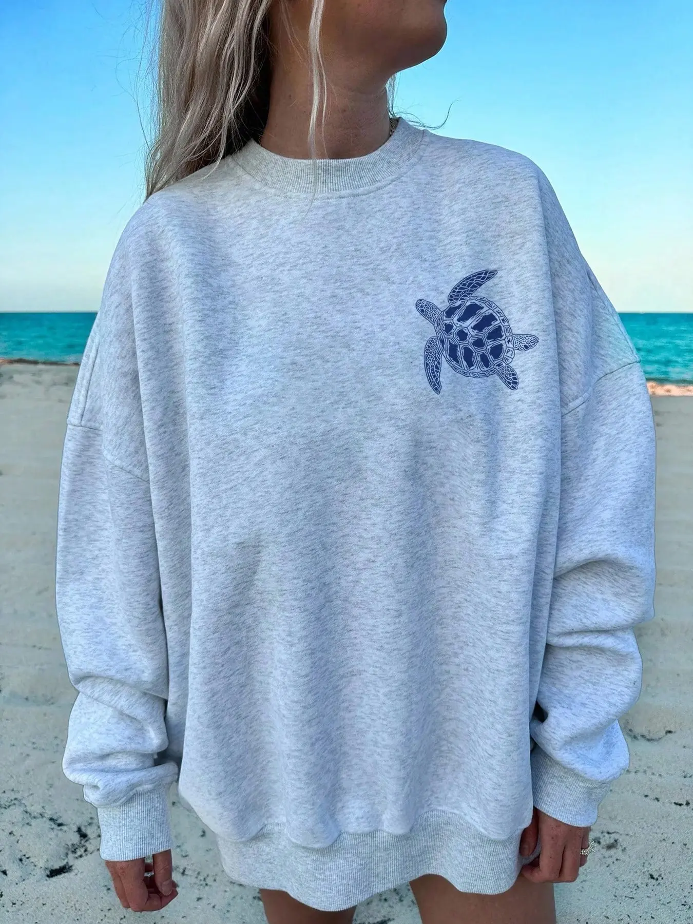 Casual Minimalist Vacation Romantic Vintage Marine Life Sea Turtle Print Sweatshirt, Commute, Music Festival, Beach, Vacation, Summer, Print Pattern Round Neck Long Sleeve Loose Women's Sweatshirt