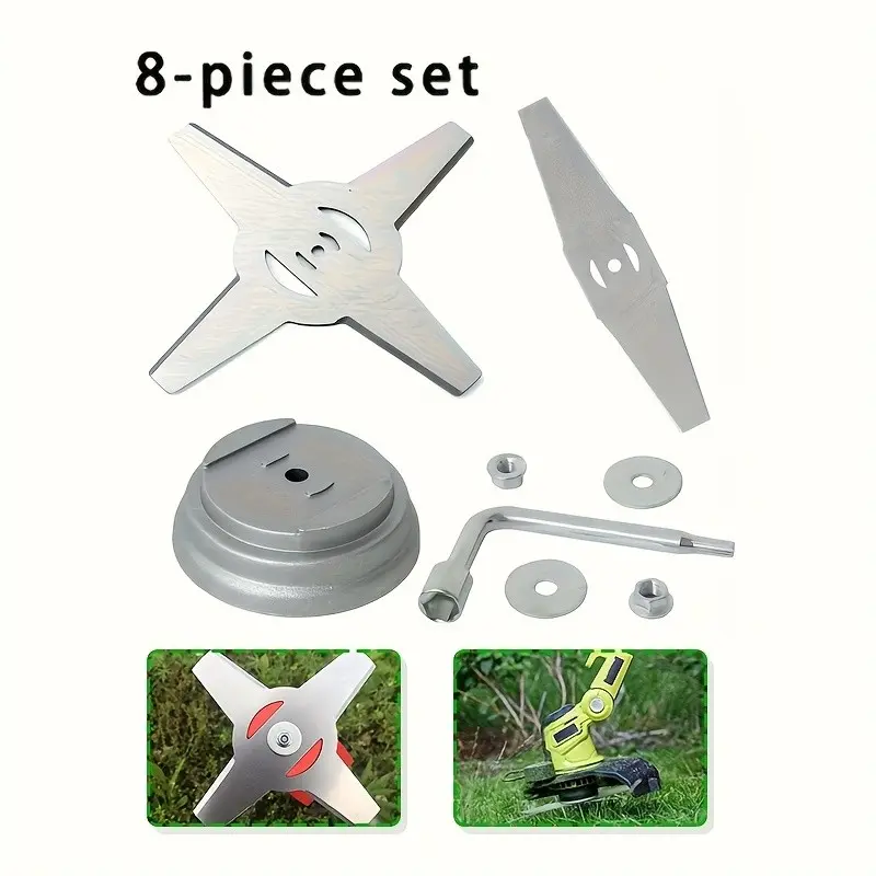 Lawn Mower Blade Kit Set, Includes Four-Tooth Blade, One Flat Diamond Blade, Metal Base, Nut, Two Washers, Two Wrenches, Replacement Blades