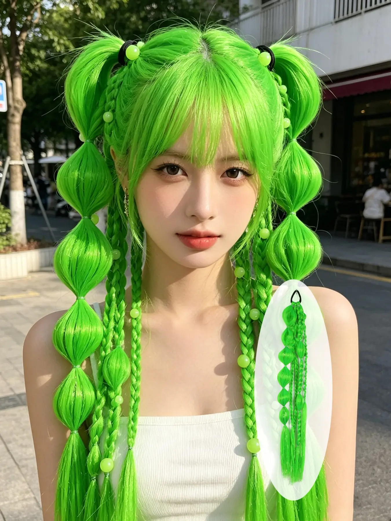 1pc Sparkling Glitter Hair Green Multicolor Braided Ponytail Hair + Bubble Ponytail Hair Bundle For Women, Y2K Style Ponytail, 22 Inch Wrap Around Voluminous Curly Ponytail, Curly Braided Straight Texture Hairband Ponytail Hair Bundle