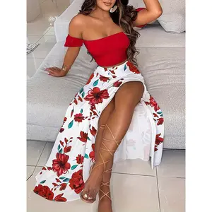 Summer Slim-Fit French Bohemian Digital Print Mid-Length Vintage Tube Top Set Skirt Women