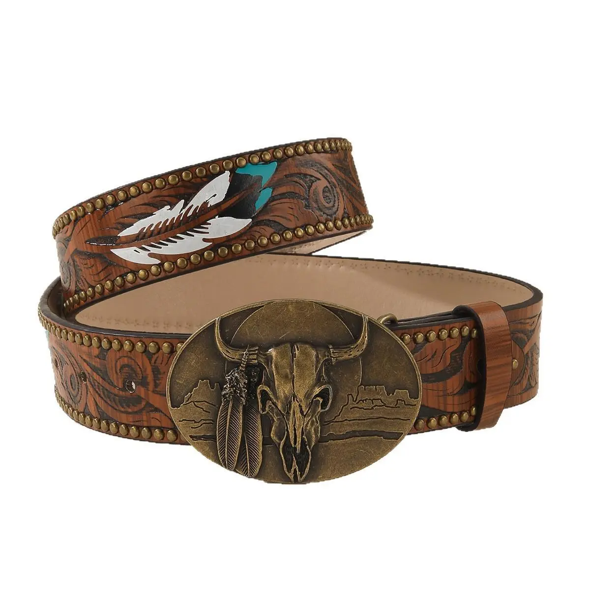 Heavy-Duty PU Leather Belt with Western Longhorn Bull Animal Buckle, Casual Clothes Accessory with Turquoise Feather Inlay
