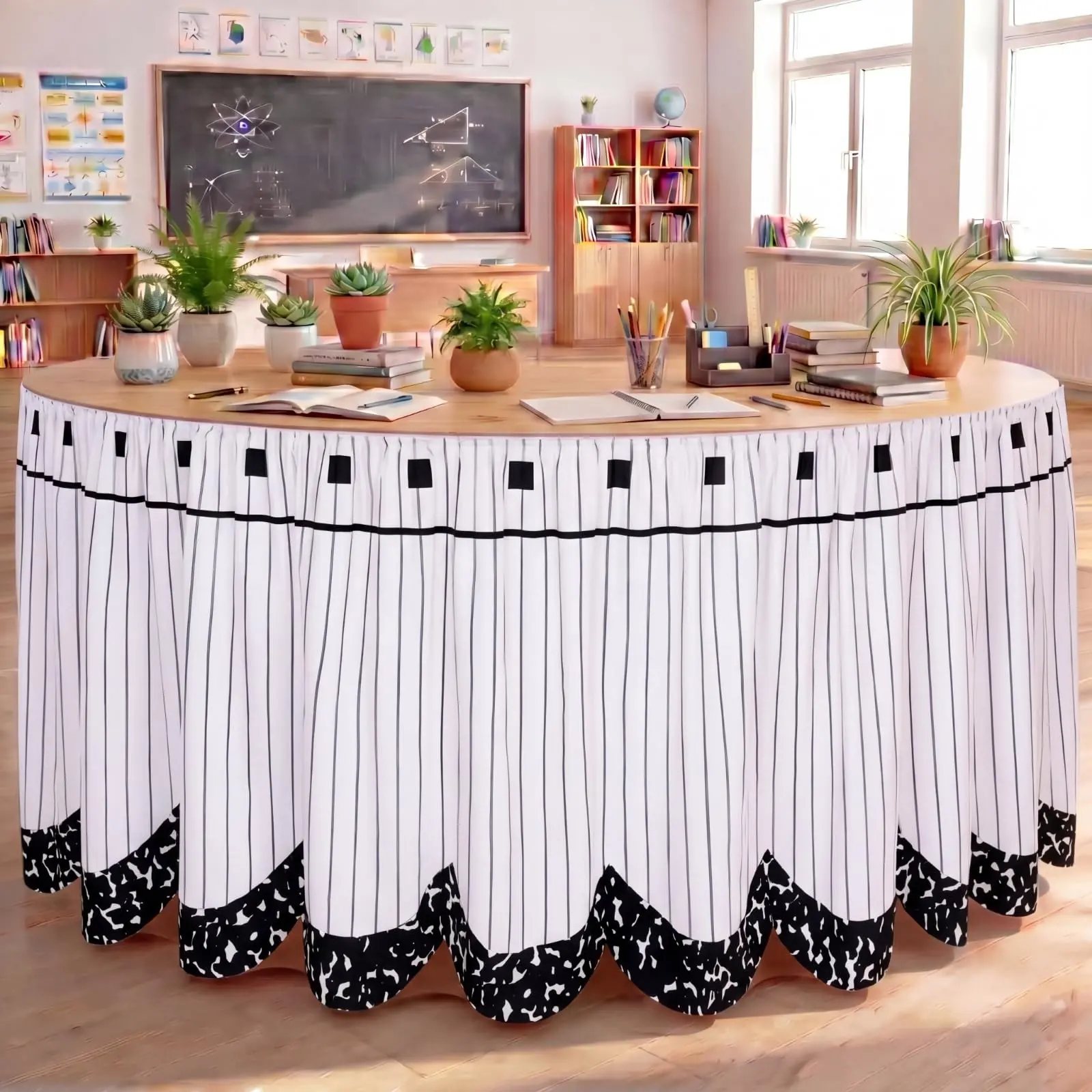 6 Feet Teacher Table Skirt, Kidney Shape Tablecloth for Classroom, Office, School, Bookshelf, Party Decoration, Notebook Theme Pleated Table Cover