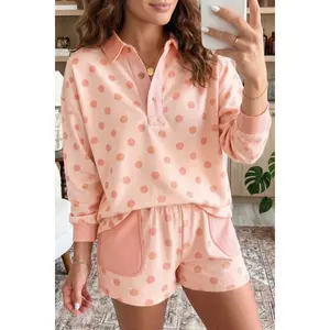 Pink Polka Dot Drop Shoulder Polo Loose Pullover Patch Pocket Casual Shorts Set