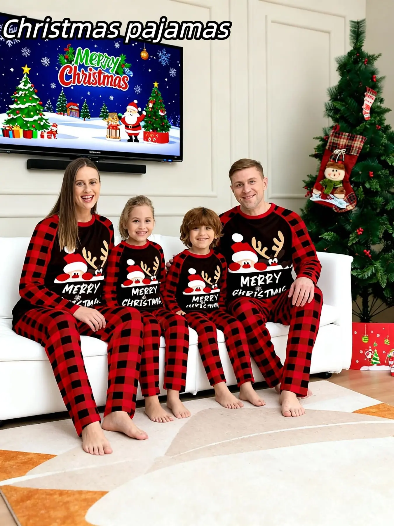 2-Piece Christmas Pajama Set, and Plaid, Couples Sleepwear, Men's and Women's Lounge Wear, Kids' Holiday