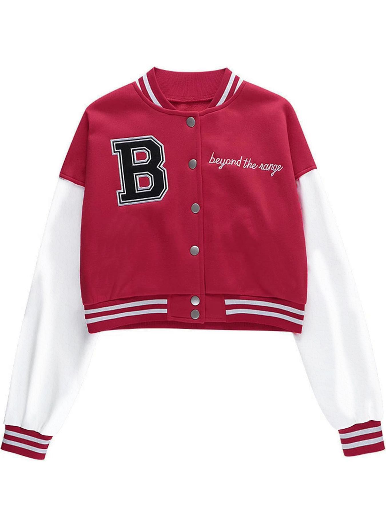 Women's Black Faux Leather Letter Patched Button Front Jacket, Casual Drop Shoulder Long Sleeve Baseball Collar Outerwear for Fall & Winter, Ladies Clothes for Daily Wear, Womenswear