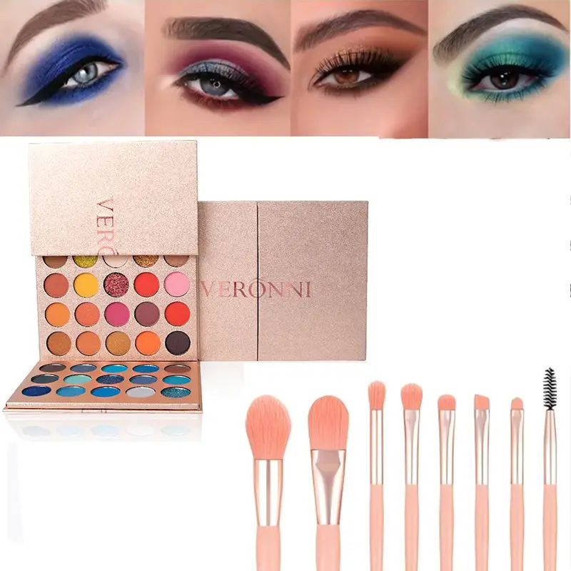 Veronni 2PCS Eye Makeup Set, 65-color Multi-style Eyeshadow Palette + 8 Pink Makeup Brush Set, Suitable for Beginners, Create a Perfect Eye Shadow Makeup