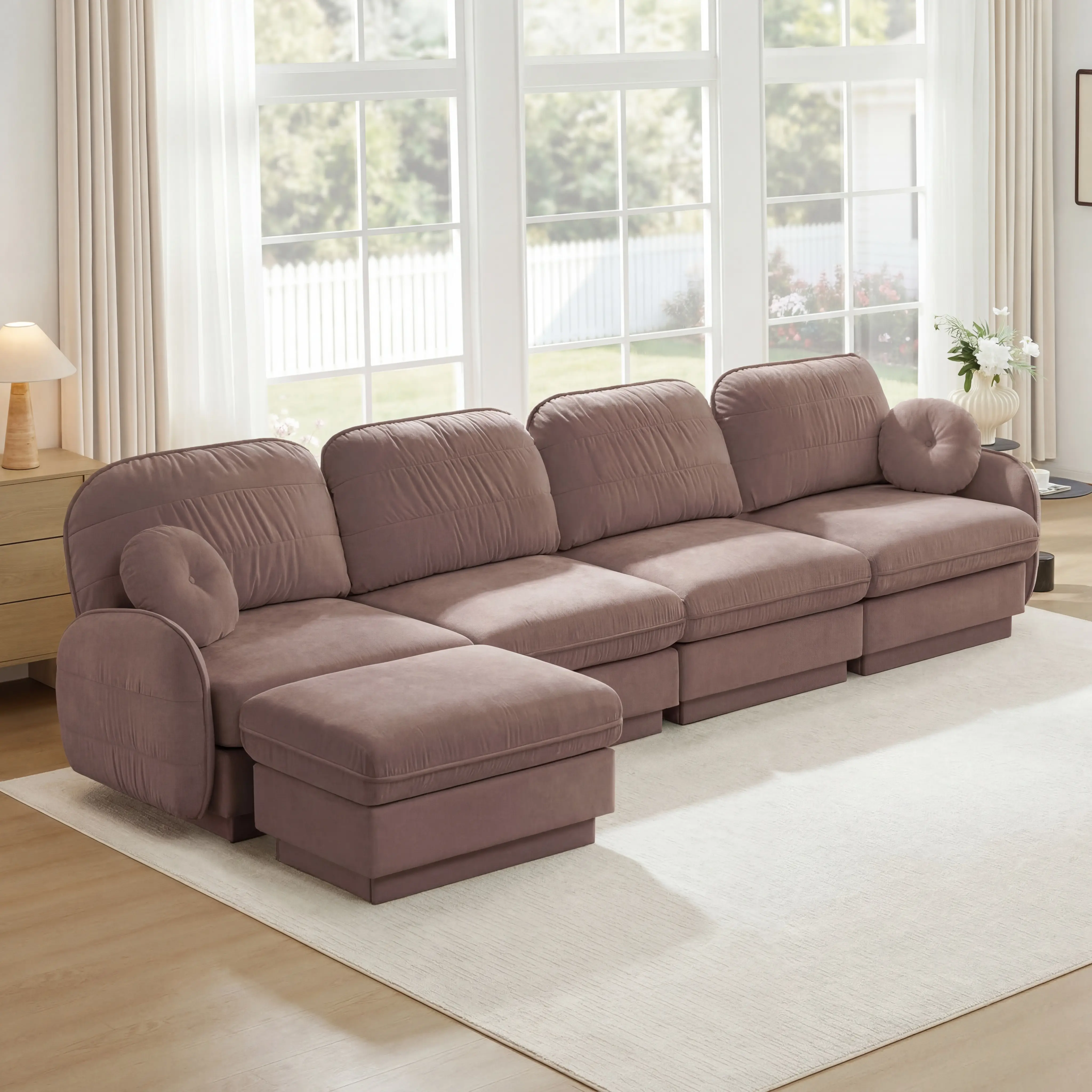 Nokaa 137" Oversize Chenille L-Shaped Sofa Couch with Movable Ottoman, Deep Seat Sectional with Round Pillows and Quilted Back Cushions, Recessed Base Frame Legs, Easy Assembly, for Living Room, Rose Dust
