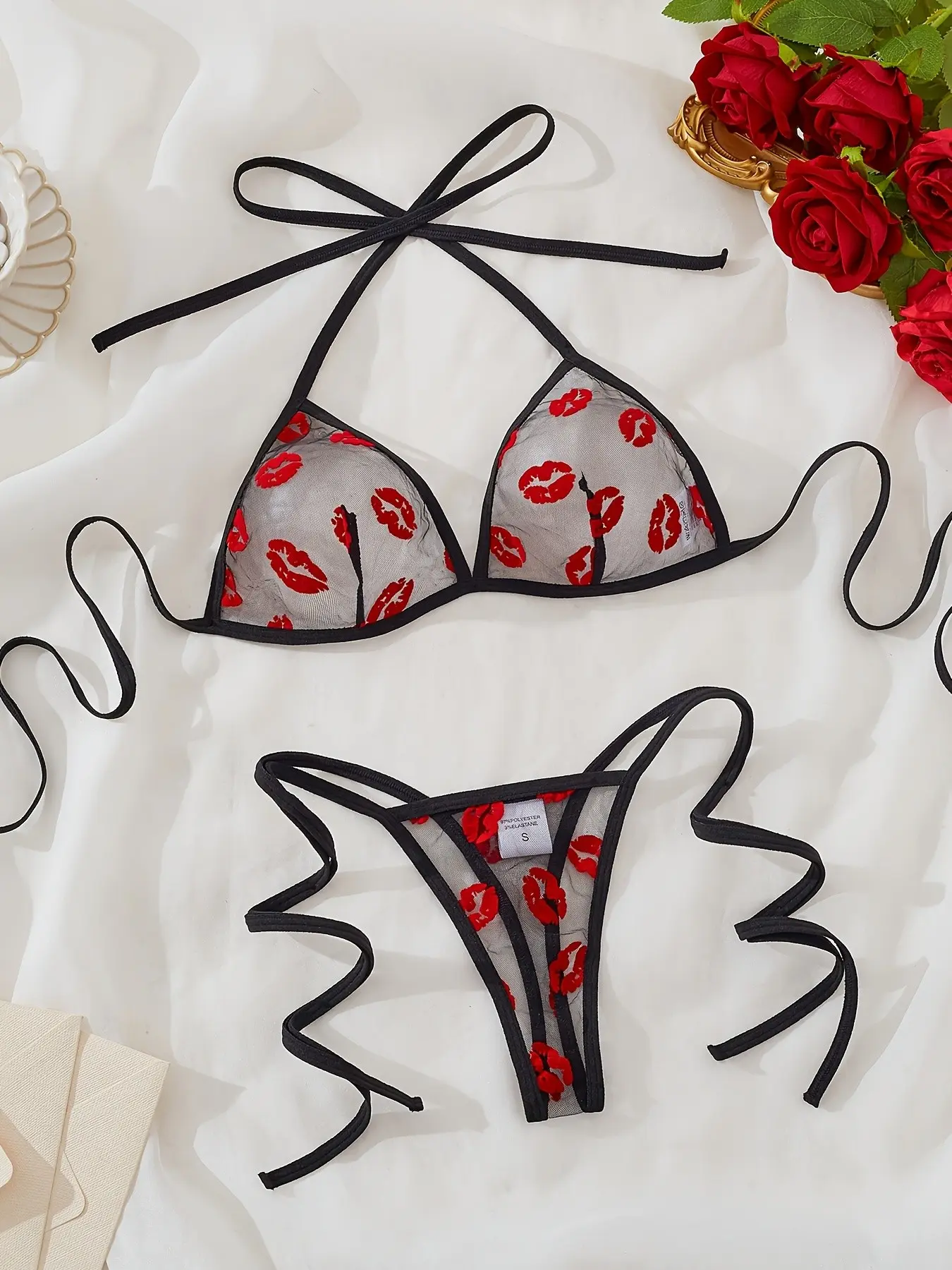 Women's Bra and Panties Set, Lingerie, Lipstick Embroidery Design, Strappy Mesh Bra and Underwear Set, 2 Pieces, Comfortable and Stylish, Bra Sets