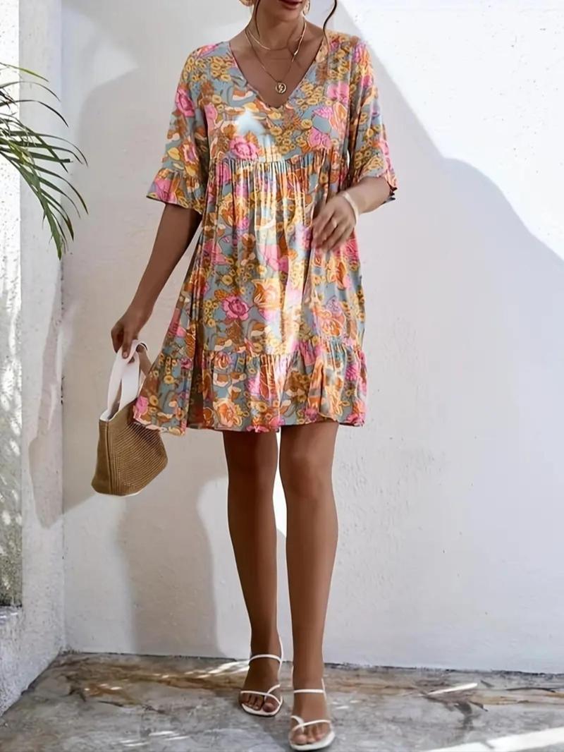 【Plus Size】Floral Print Dress, Casual Chic Dress for Daily Holiday Vacation Wear, Women's Clothes for Summer, Boho Style Womenswear