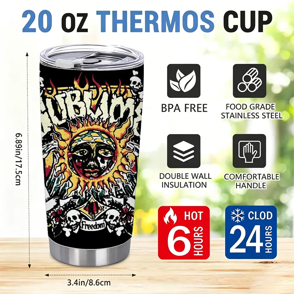 20oz Sublime Sun Skull Retro Band Stainless Steel Tumbler, Vintage Freedom Graphic Vacuum Insulated Travel Mug, Leakproof Sliding Lid, Keep Cold & Hot, Gift For Rock Music Fans, For Car, Camping & Daily Coffee flask