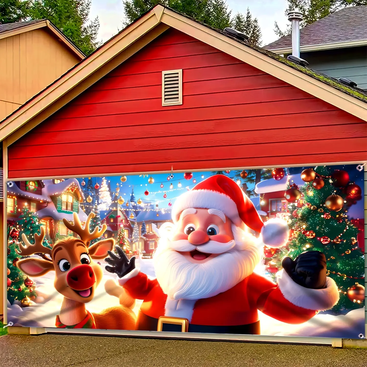 2D Flat Santa & Reindeer Christmas Garage Banner | Single-Sided Polyester | Metal Grommets for Easy Hanging | Cheerful Holiday Scene, Outdoor Garage Door Decor, Christmas Party, Yard Decoration, Photo Backdrop & Seasonal Exterior Wall Display