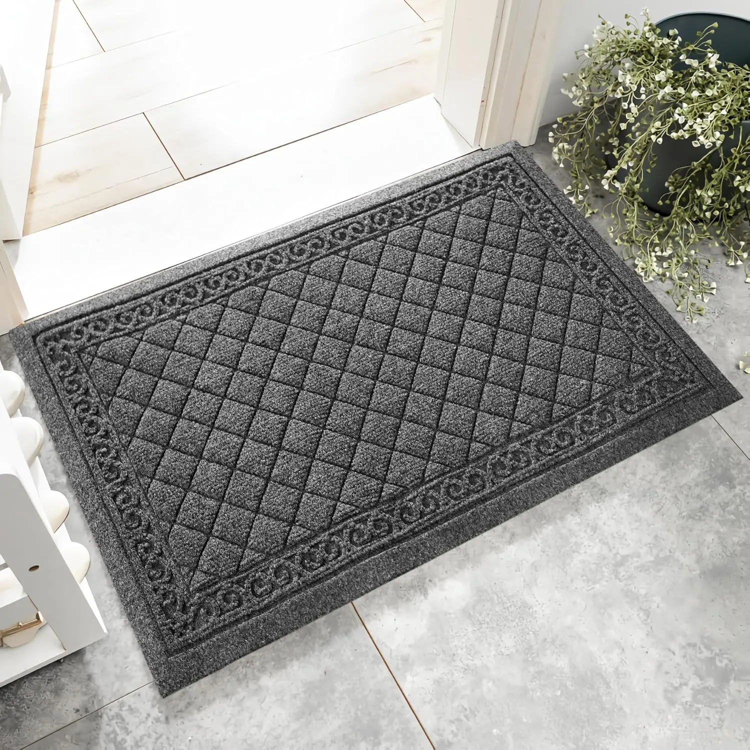 Classic Grey  Outdoor Indoor Entrance Doormats, Absorbent Durable Heavy Duty Welcome Front Door Mat,Thick  Rubber ,Easy Clean Entryway Mat 17x30 Inch, Low Profile