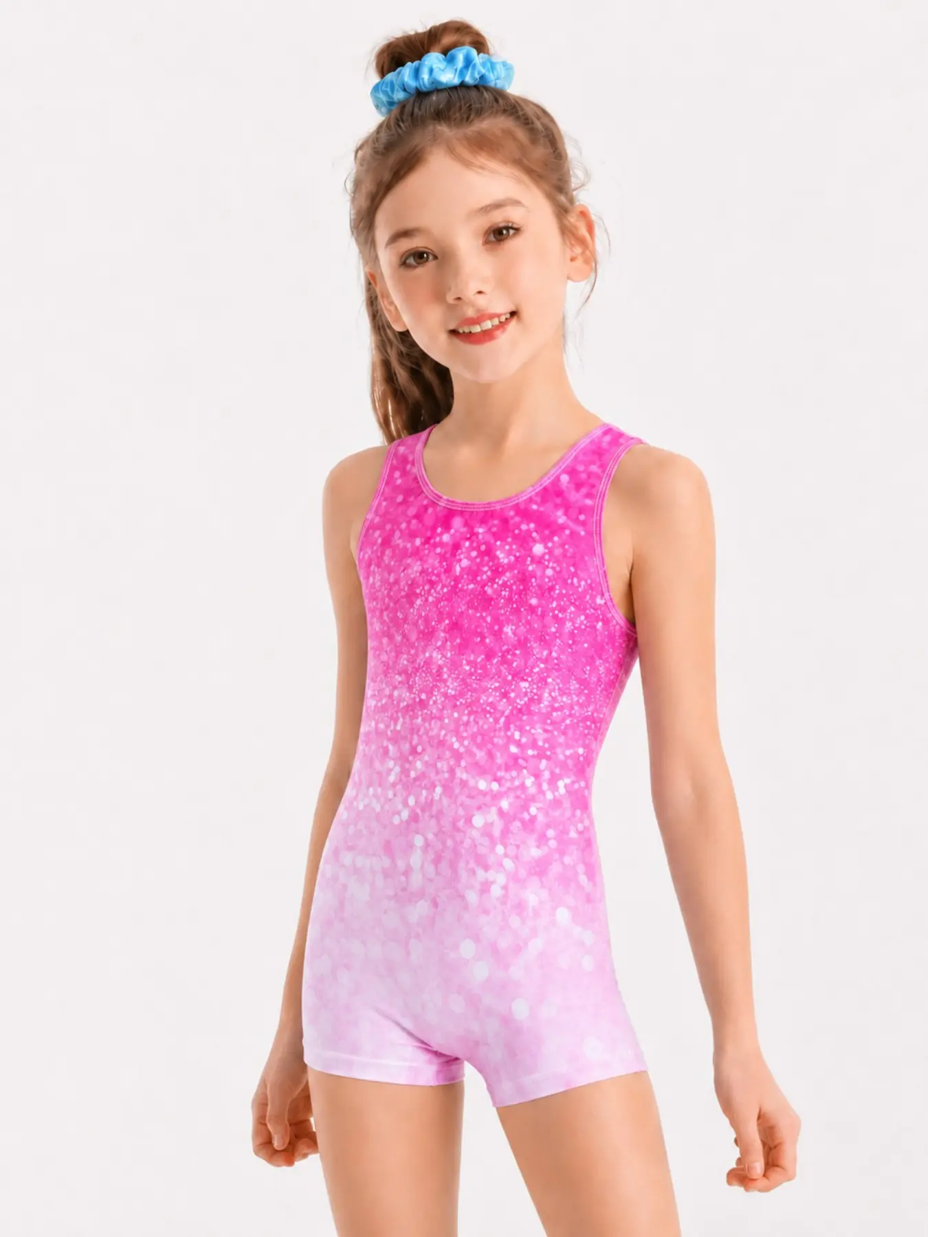 Girls' Gymnastics Leotard, Shiny Sleeveless Leotard, Cute All-Over Print, Slim-Fit Dance, Ideal for Practice and Tumbling