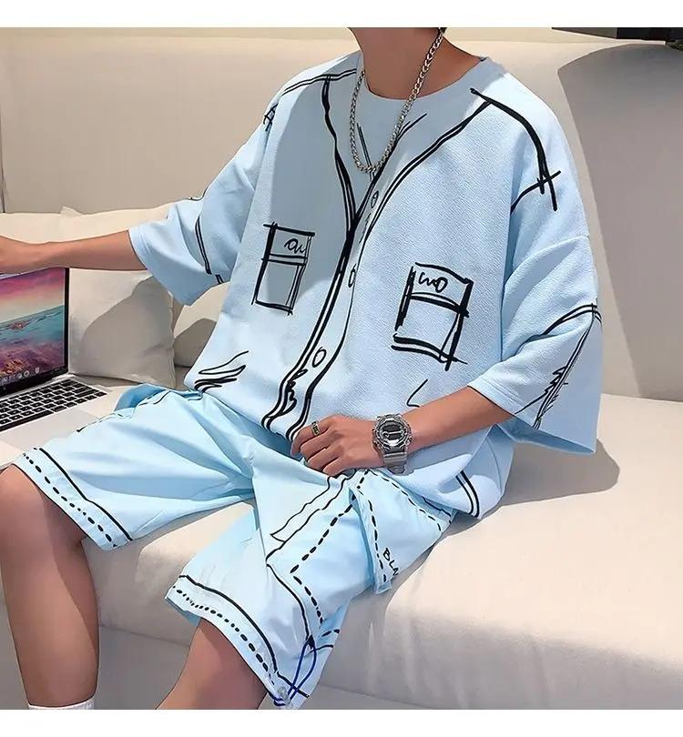 Summer Elegant Fashion Harajuku Slim Fit Ropa Hombre Loose Casual All Match Sports Suit Ice Shreds Short Sleeve Two Piece Set