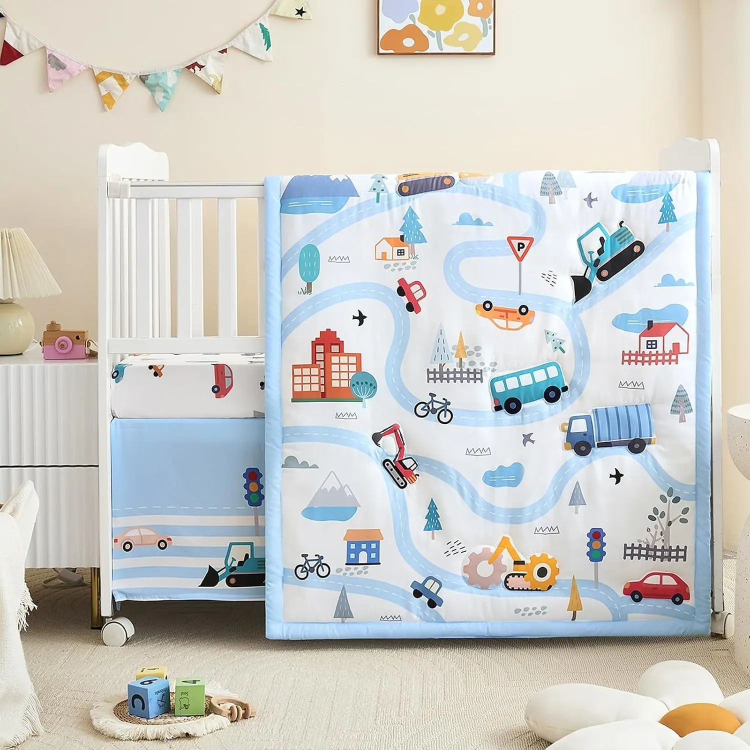 3-Piece Crib Bedding Set for Boys Girls - Ultra Soft & Skin Friendly Baby Nursery Bedding Set Includes Crib Comforter, Sheet & Crib Skirt (Vehicle Pattern)